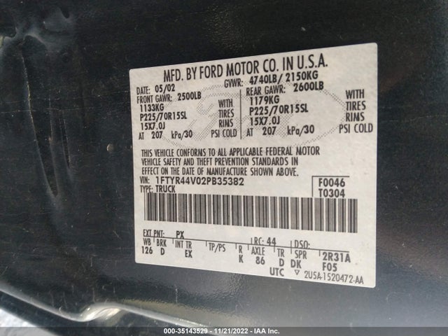 2002 FORD RANGER XL FLEET VIN: 1FTYR44V02PB35382