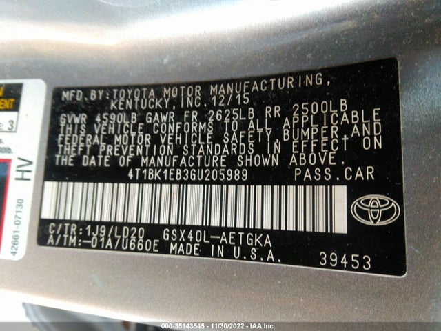 2016 Toyota Avalon, VIN: 4T1BK1EB3GU205989
