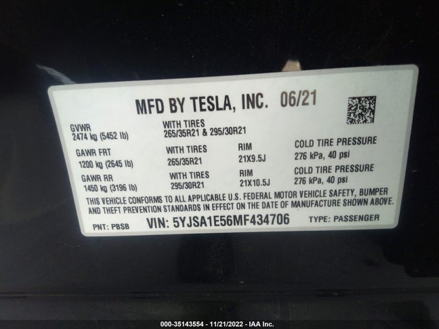 2021 Tesla Model S, VIN: 5YJSA1E56MF434706
