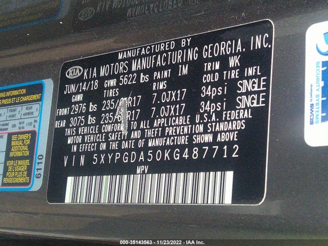 2019 Kia Sorento, VIN: 5XYPGDA50KG487712