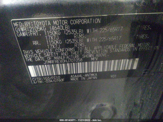 2017 Toyota RAV4, VIN: JTMRFREV0HJ701058