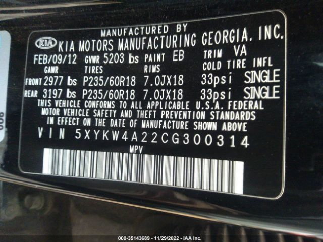 5XYKW4A22CG300314 KIA SORENTO SX
