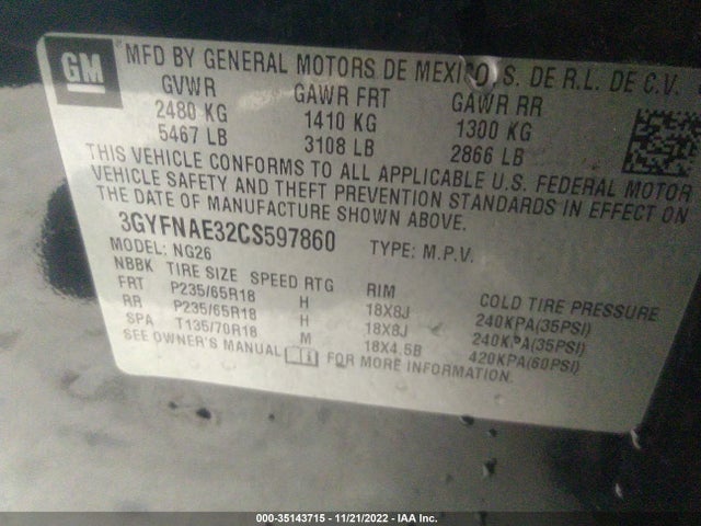 3GYFNAE32CS597860 Cadillac Srx Luxury Collection