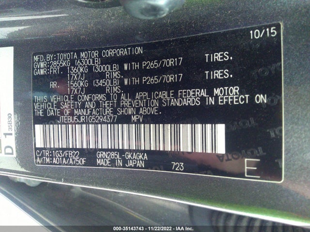 2016 Toyota 4Runner, VIN: JTEBU5JR1G5294377