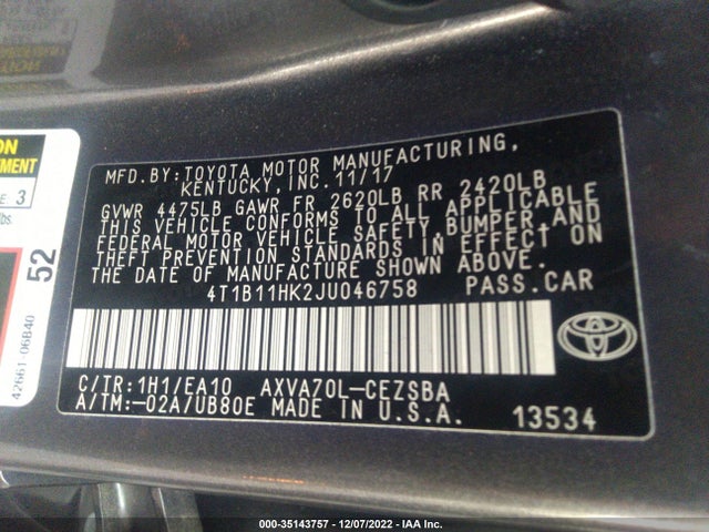 Toyota Camry 2018 4T1B11HK2JU046758 Image 10