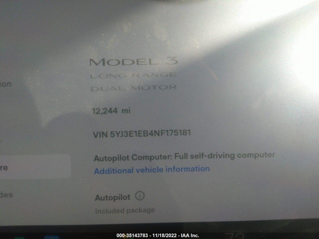 2022 TESLA MODEL 3 LONG RANGE VIN: 5YJ3E1EB4NF175181