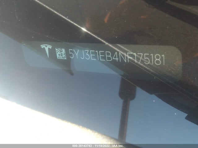 2022 TESLA MODEL 3 LONG RANGE VIN: 5YJ3E1EB4NF175181
