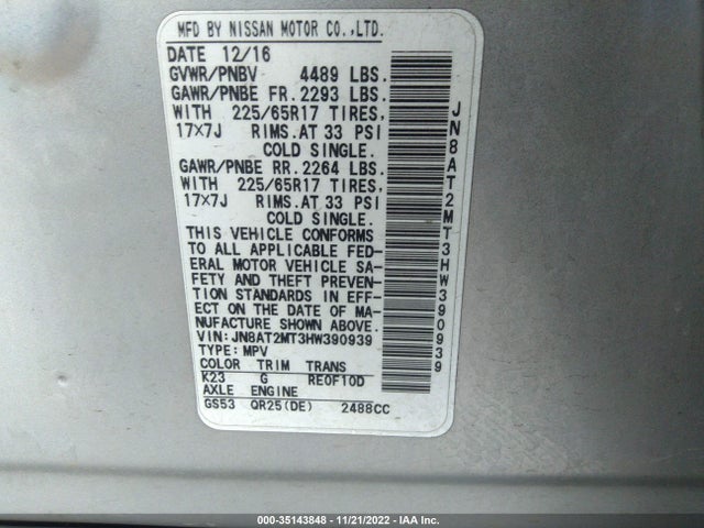 2017 NISSAN ROGUE S VIN: JN8AT2MT3HW390939