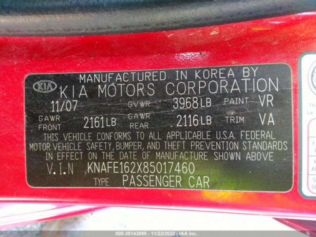 KNAFE162X85017460 KIA Spectra