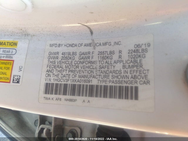 2019 HONDA ACCORD HYBRID VIN: 1HGCV3F1XKA016091