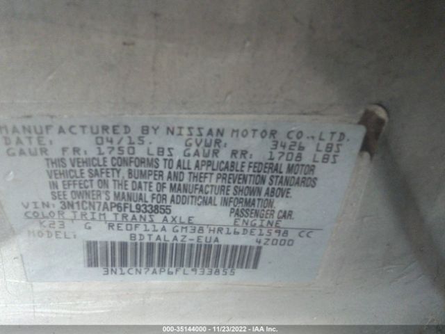 3N1CN7AP6FL933855 Nissan Versa S Plus