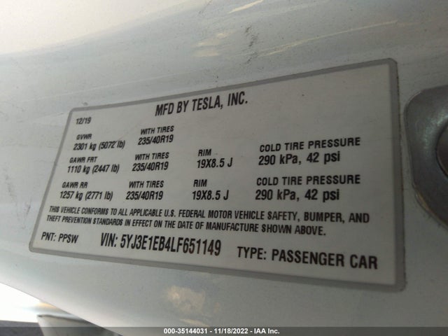 Tesla Model 3 Long Range 2020 5YJ3E1EB4LF651149 Image 10