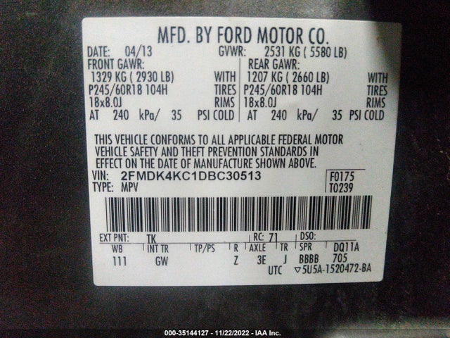 2013 FORD EDGE LIMITED VIN: 2FMDK4KC1DBC30513