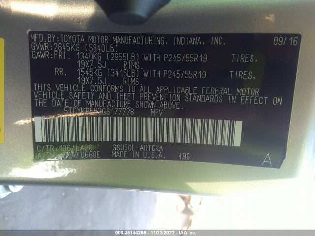 Toyota Highlander Limited 2016 5TDYKRFH3GS177728 Image 10