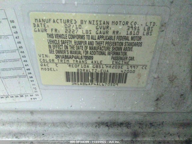 2010 NISSAN SENTRA 2.0 S VIN: 3N1AB6AP4AL670509