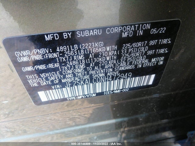 2022 SUBARU FORESTER WILDERNESS VIN: JF2SKALC0NH472949