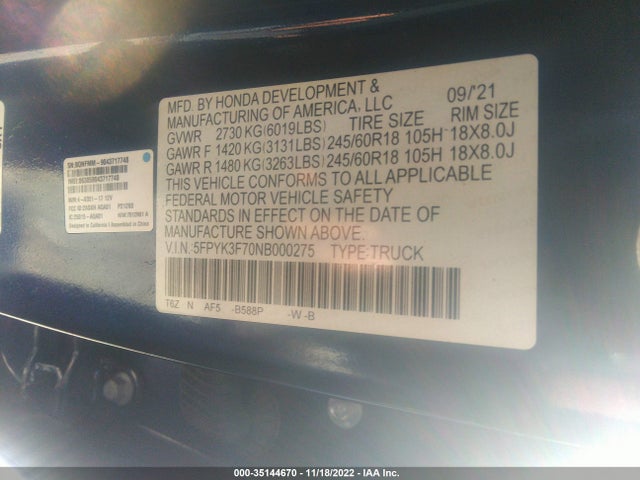 2022 Honda Ridgeline, VIN: 5FPYK3F70NB000275