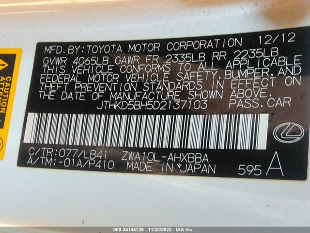 Lexus Ct 200h Hybrid 2013 JTHKD5BH5D2137103 Image 9
