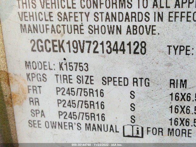 2002 CHEVROLET SILVERADO 1500 VIN: 2GCEK19V721344128