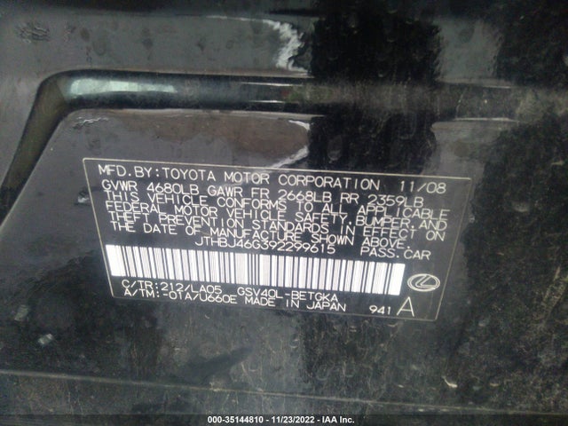 35144810 :رقم المزاد ، JTHBJ46G392299615 vin ، 2009 Lexus Es 350 مزاد بيع