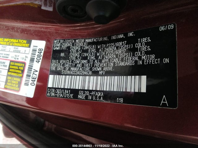 2010 TOYOTA SIENNA XLE VIN: 5TDYK4CC2AS294638