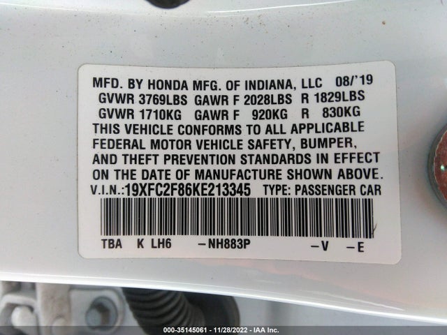 2019 HONDA CIVIC SEDAN SPORT VIN: 19XFC2F86KE213345