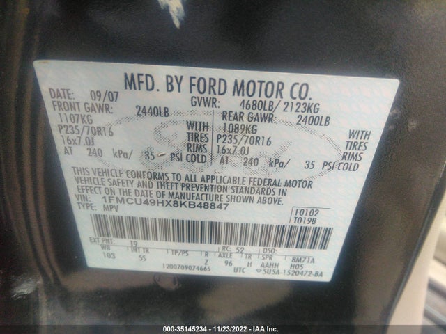 2008 FORD ESCAPE HYBRID VIN: 1FMCU49HX8KB48847