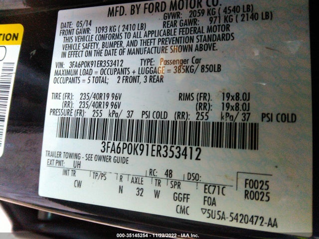 2014 FORD FUSION TITANIUM VIN: 3FA6P0K91ER353412