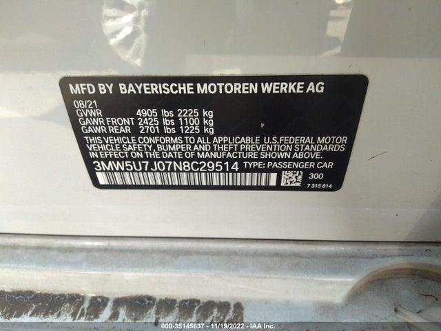 2022 BMW 3 SERIES M340I VIN: 3MW5U7J07N8C29514