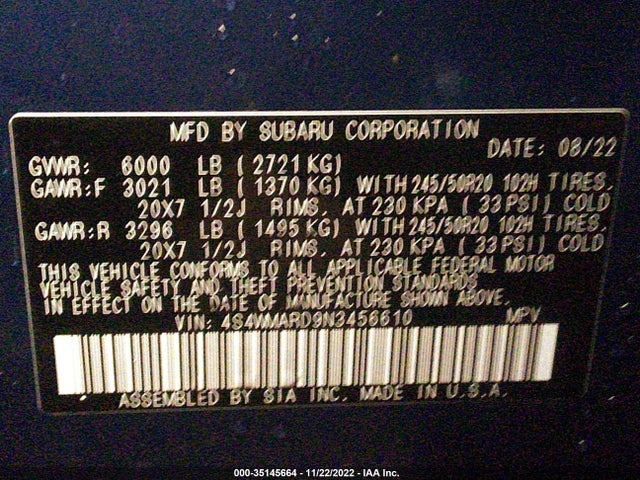 2022 Subaru Ascent, VIN: 4S4WMARD9N3456610