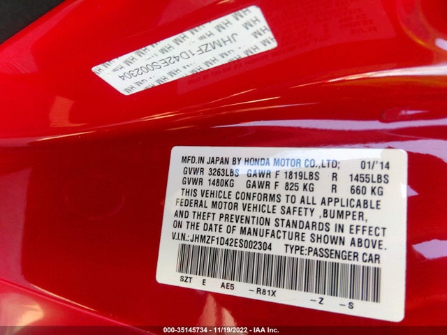2014 Honda CR-Z, VIN: JHMZF1D42ES002304