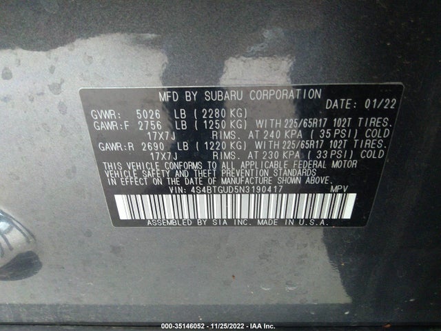 2022 Subaru Outback, VIN: 4S4BTGUD5N3190417