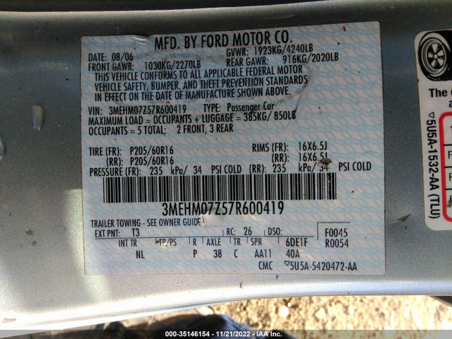 2007 MERCURY MILAN VIN: 3MEHM07Z57R600419