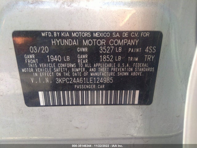 2020 Hyundai Accent, VIN: 3KPC24A61LE124985