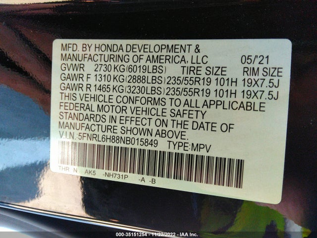 2022 Honda Odyssey, VIN: 5FNRL6H88NB015849