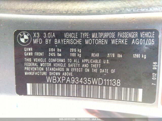 WBXPA93435WD11138 BMW X3 3.0I
