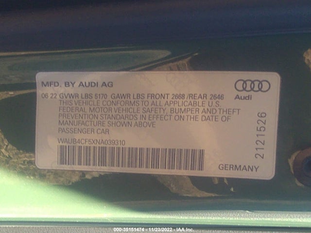WAUB4CF5XNA039310 Audi S5 Sportback Prestige