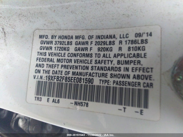 Honda CIVIC SEDAN 2014 19XFB2F85EE081590 Image 9