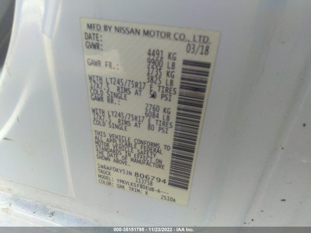 2018 Nissan NV, VIN: 1N6AF0KY5JN806794