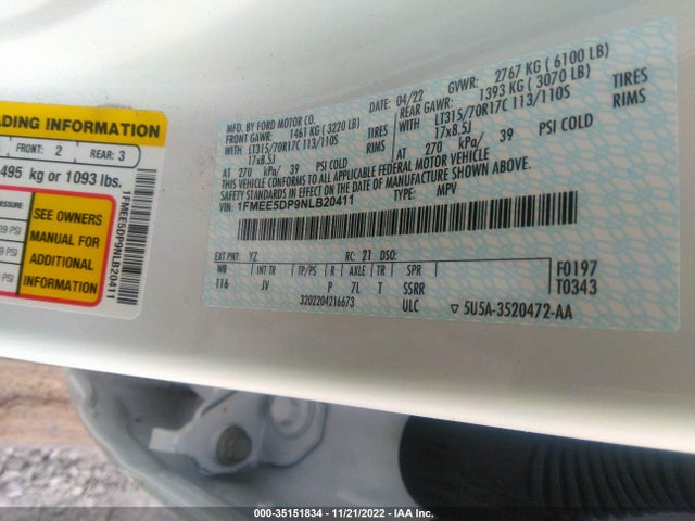 2022 FORD BRONCO BASE/BIG BEND VIN: 1FMEE5DP9NLB20411