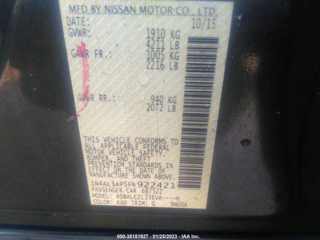 2015 NISSAN ALTIMA 2.5 S VIN: 1N4AL3AP5FN922421
