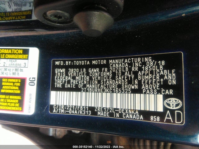 2019 TOYOTA COROLLA SE VIN: 2T1BURHE3KC165325