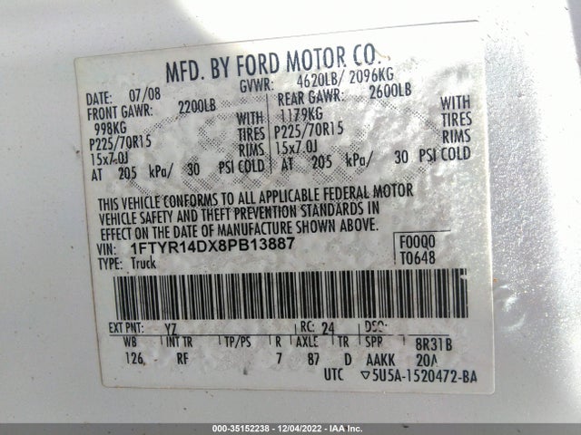 2008 FORD RANGER XL/XLT VIN: 1FTYR14DX8PB13887