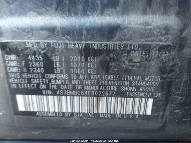 2014 SUBARU LEGACY 2.5I PREMIUM VIN: 4S3BMBC64E3022677
