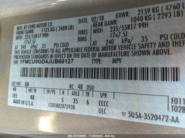 2018 Ford Escape, VIN: 1FMCU9GD4JUB60127