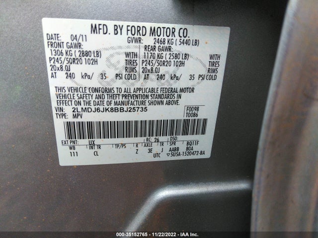 Lincoln MKX 2011 2LMDJ6JK8BBJ25735 Image 10