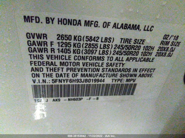 2018 Honda Pilot, VIN: 5FNYF6H93JB019944