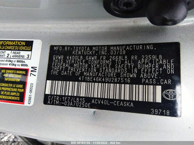 2009 TOYOTA CAMRY VIN: 4T1BE46K49U287516
