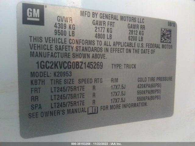 2011 CHEVROLET SILVERADO 2500HD WORK TRUCK VIN: 1GC2KVCG0BZ145269