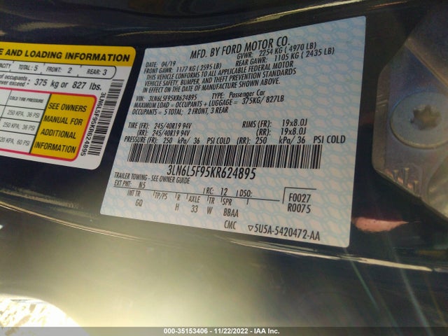 2019 Lincoln MKZ, VIN: 3LN6L5F95KR624895